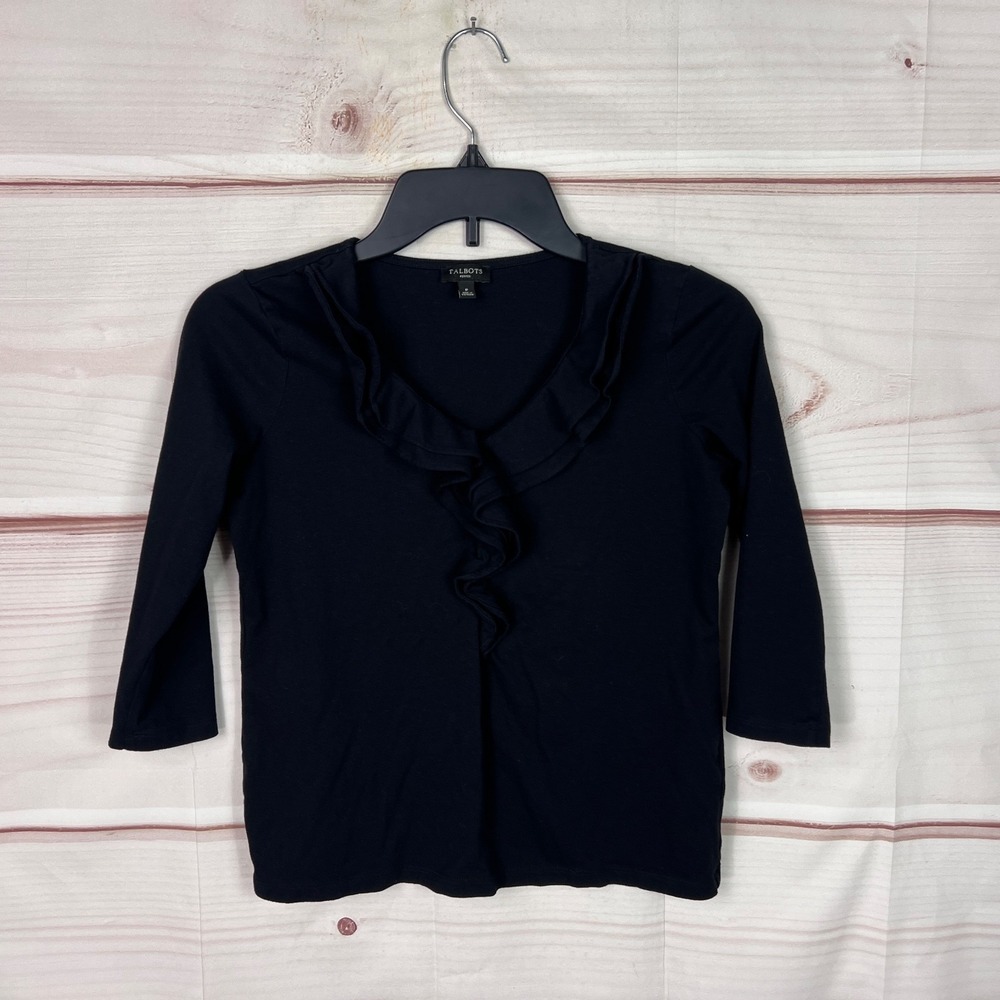 Talbots Top Womens PP Black 3/4 Sleeve T-Shirt Ruffle Neck Cotton Modal Knit
